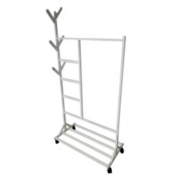 Perchero colgador multiusos con ruedas,  portatil, madera maciza color blanco