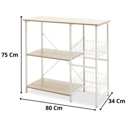 Estanteria de Cocina con 2 Cestas de Malla Metálica Blanca, 3 Estantes y Ganchos 80x34x75cm Color Madera y Blanco