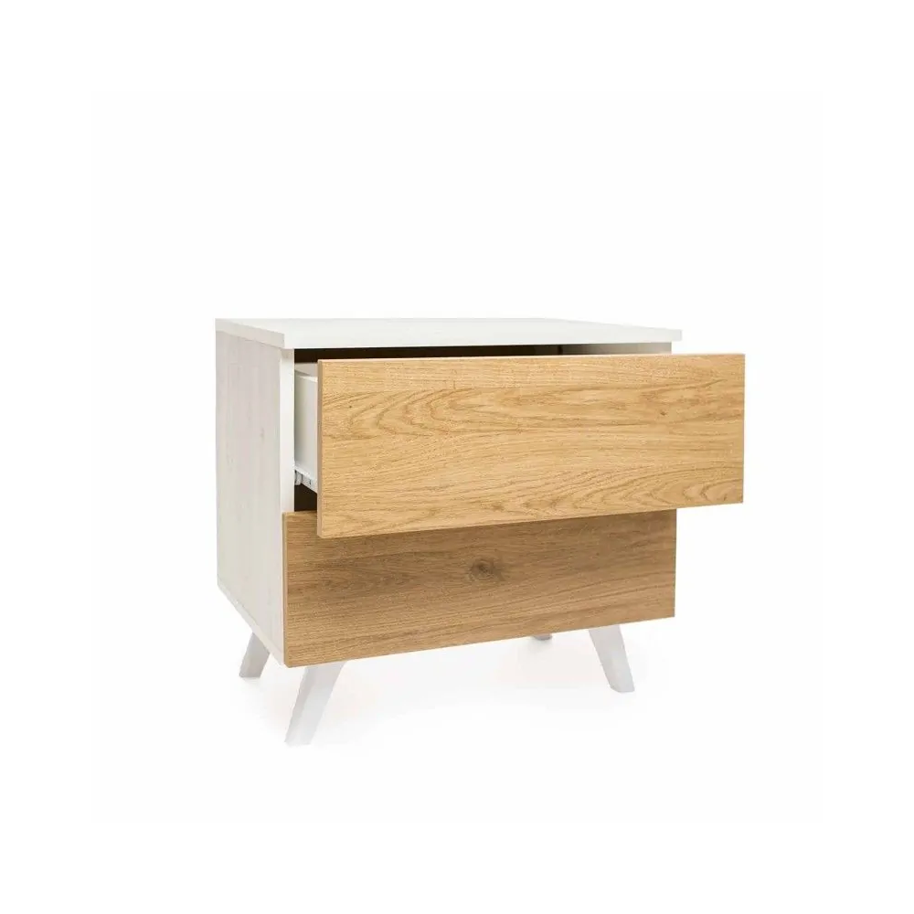 Meyvaser Mesita de noche 2 cajones Color blanco y Natural 52 cm (ancho) x 50 cm (alto) x 34,8 cm (fondo)
