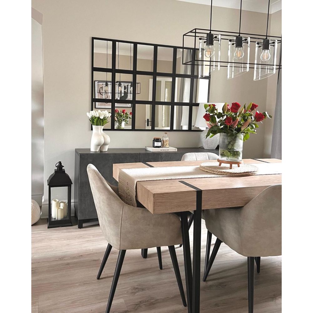 Mesa de Comedor o Cocina| MDF con Acabado Laminado Color Roble Sonoma | Patas Metálicas Negras | Medidas: 150 x 90 x 75 cm