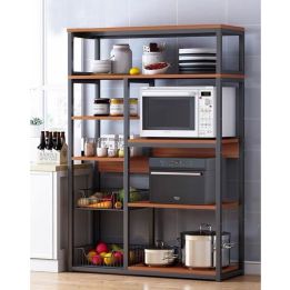 Estantería de Cocina, Estante Abierto de Pie 2 Mallas metálicas y múltiples Estantes 80x30x142cm, Color Negro y Madera