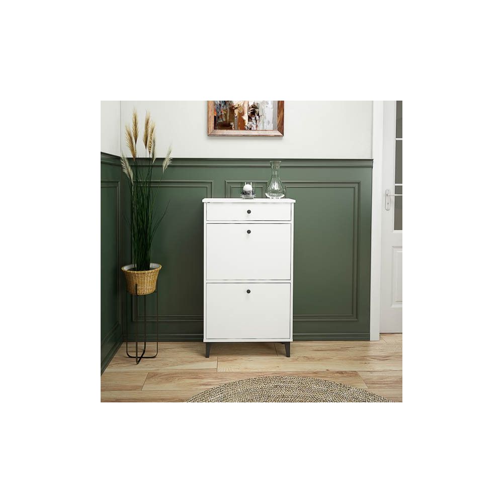 Mueble Zapatero Blanco con 2 Puertas y 1 Cajón | 61,1 x 110 x 25 cm