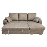 Sofá Cama 3 Plazas Reversible con Chaiselongue y Almacenaje, Tapizado en Tela Piedra, 229x93x153 cm