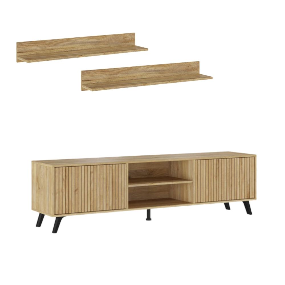 Mueble de TV + 2 Estantes, 2 Compartimentos y 2 Puertas,Mauvella - Rayas, 49cm(Alto)x 180cm (Ancho) x 40cm (Fondo)